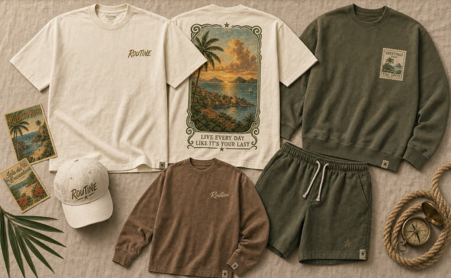 Routine Drop 002 El Spot board. Cream tee with a small script on the front and a framed watercolor harbor sunset on the back, olive crewneck with a Greetings from The Spot stamp, olive shorts, clay long-sleeve and cream cap.