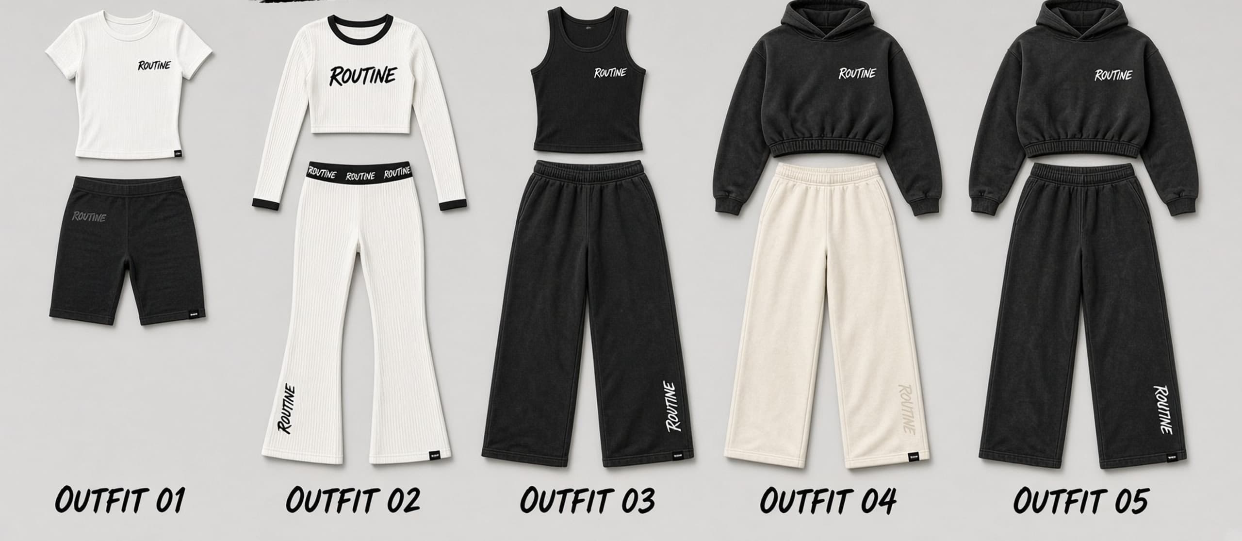 Grid of women's Essentials outfits. Tops paired with matching bottoms in the Essentials palette.