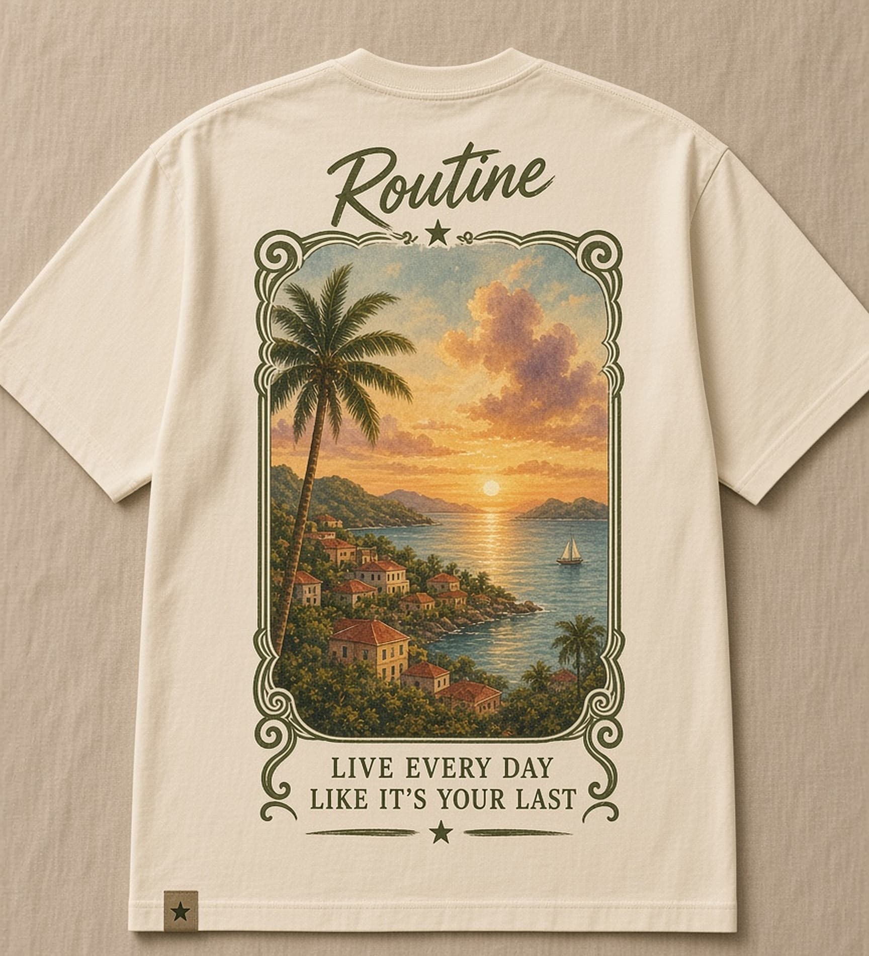 Back of the cream El Spot tee. A framed watercolor harbor at sunset with palms, a sailboat and red-roofed houses, ROUTINE above and the line Live every day like it's your last below.