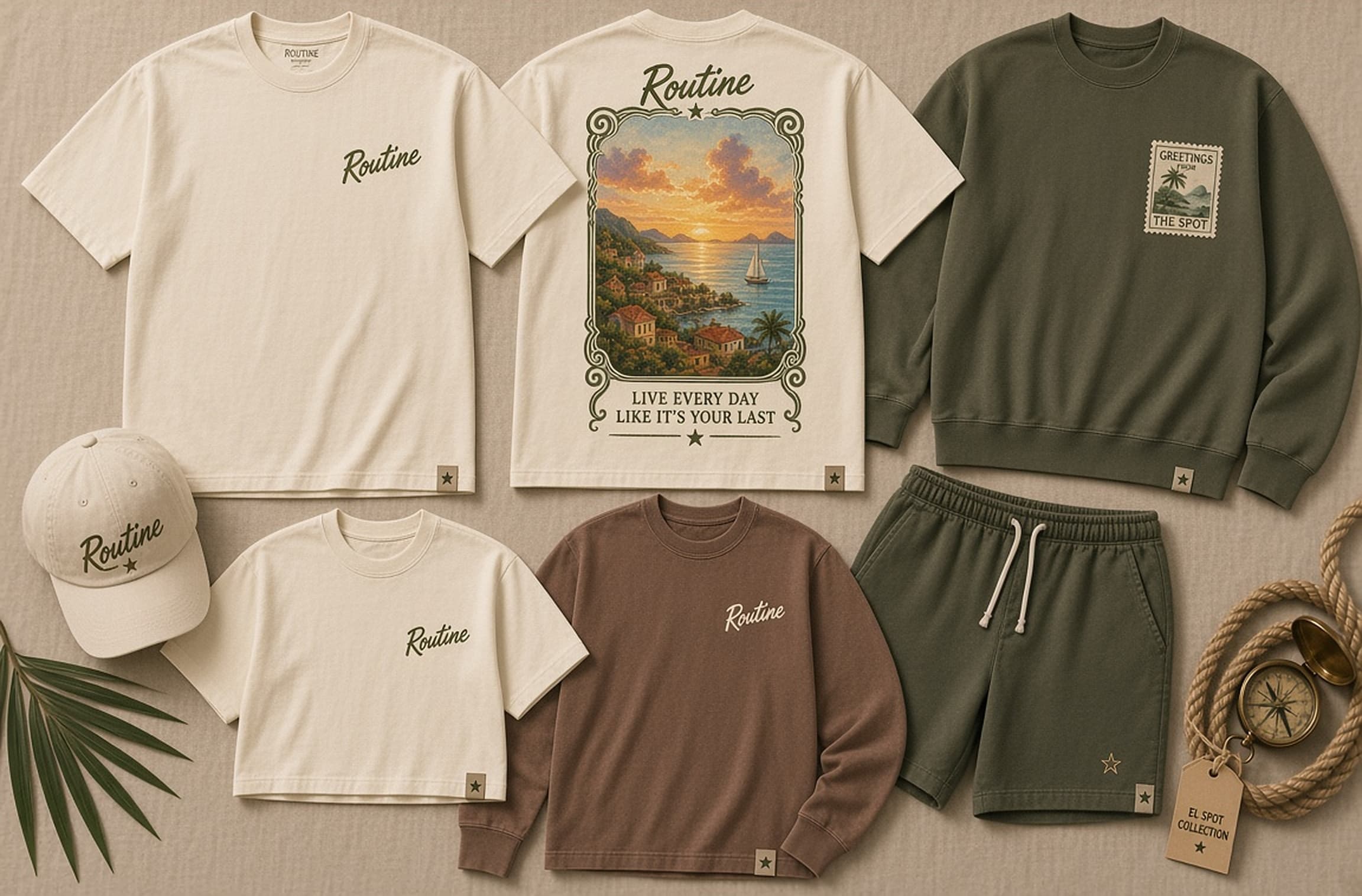 Flat lay of El Spot Drop 002 pieces. Cream harbor tee shown front and back, olive crewneck, cream cap, cream crop, clay long sleeve, and olive shorts.