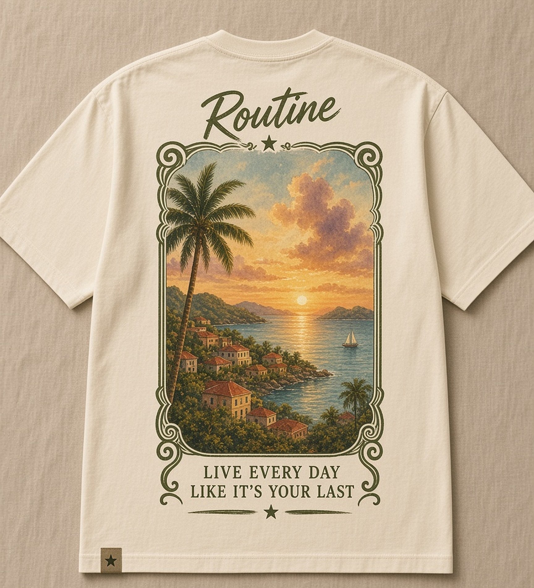 Back of the cream El Spot tee. A framed watercolor harbor at sunset with palms, a sailboat and red-roofed houses, ROUTINE above and the line Live every day like it's your last below.
