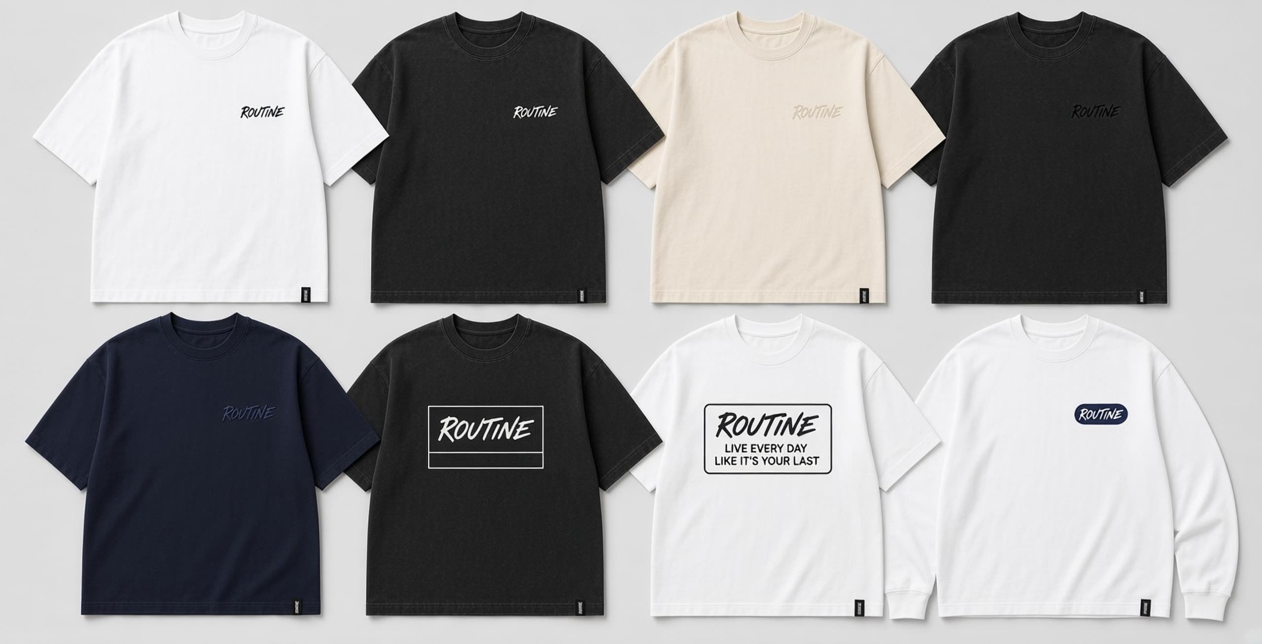 Men's Essentials lineup. Heavyweight tees and one long sleeve with small text logos only, no graphics.