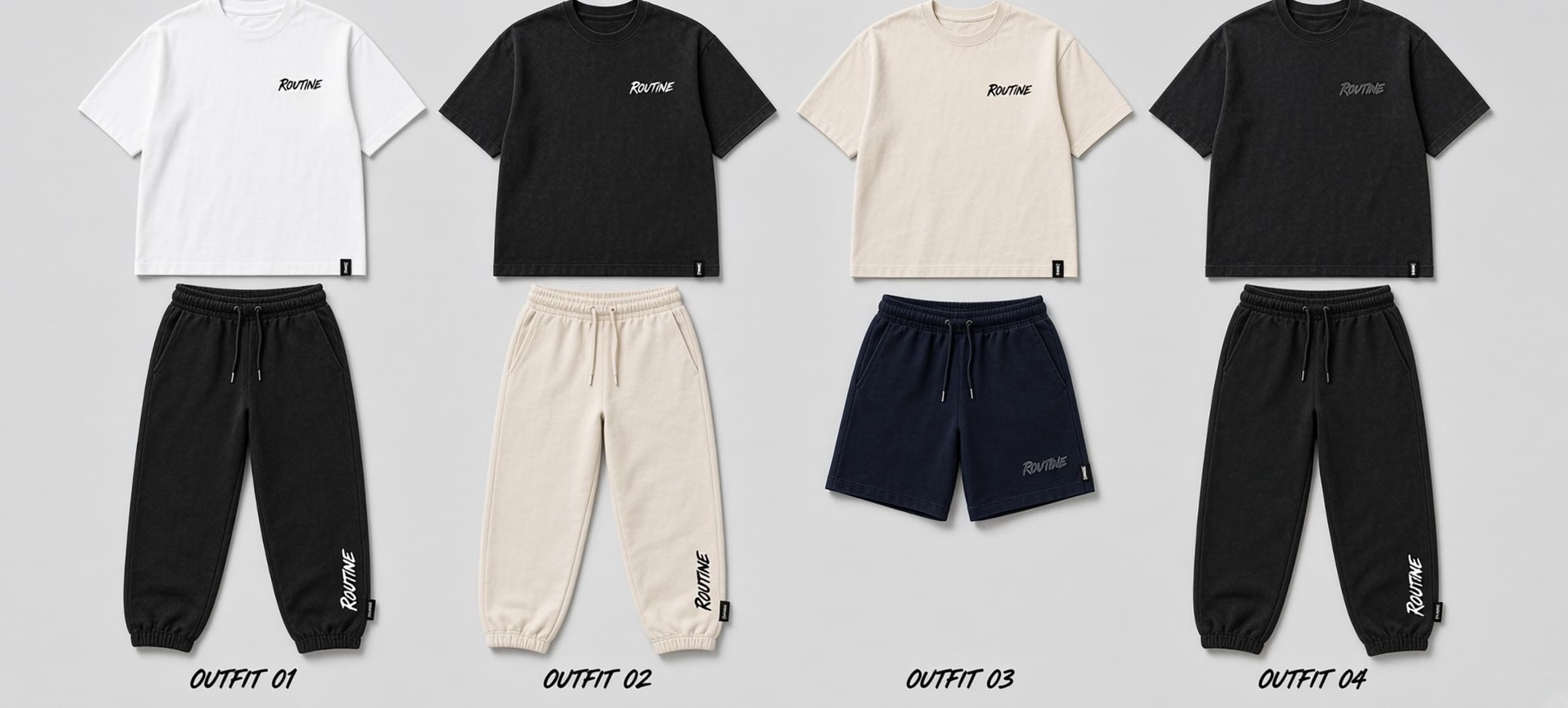 Grid of men's Essentials outfits. Tops paired with matching bottoms in cream, washed black, white, and navy.