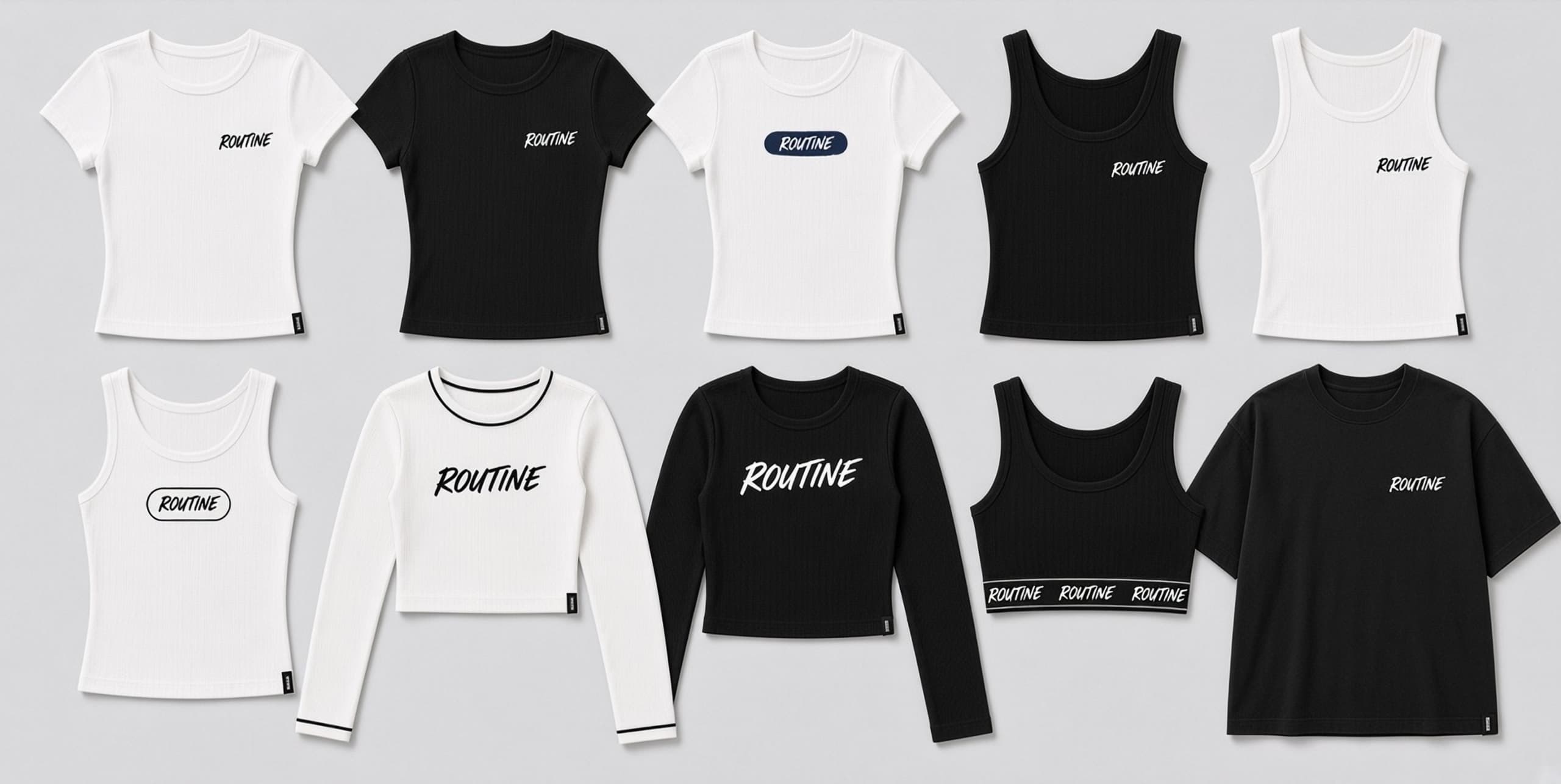 Women's Essentials lineup. Fitted and cropped pieces with small text logos only, no graphics.