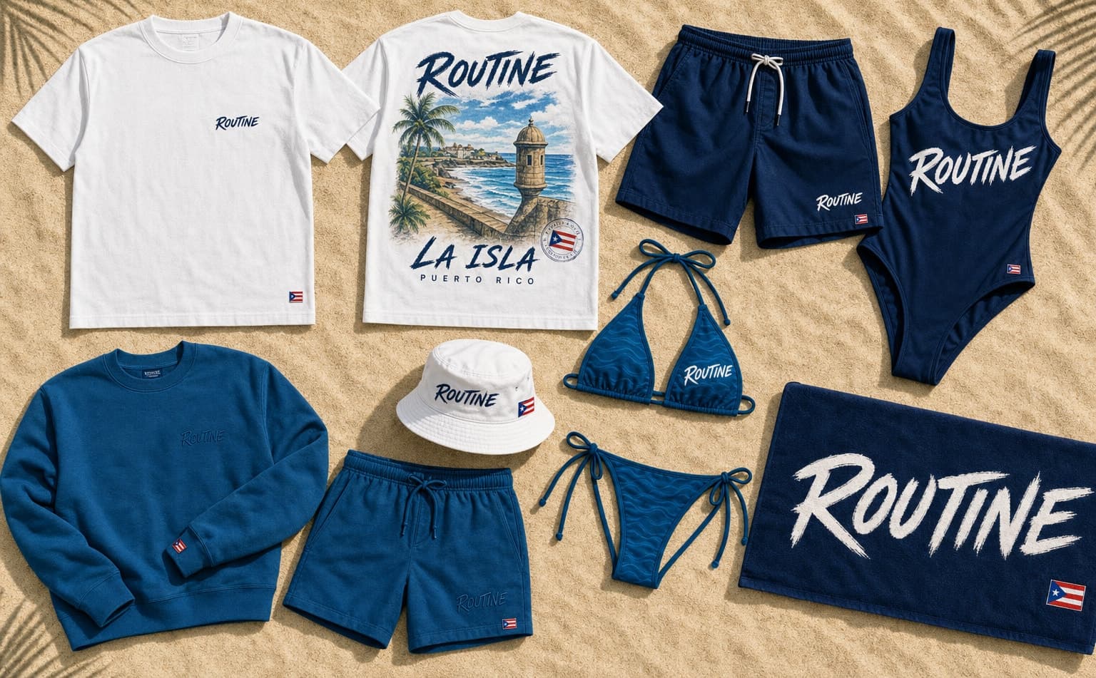 Routine Drop 004 La Isla board. White tee with a garita and coastline printed on the back and the Puerto Rican flag as a stamp, navy swim trunks, navy one-piece, ocean-blue tie-side bikini, ocean-blue crewneck and shorts, white bucket hat and navy towel.