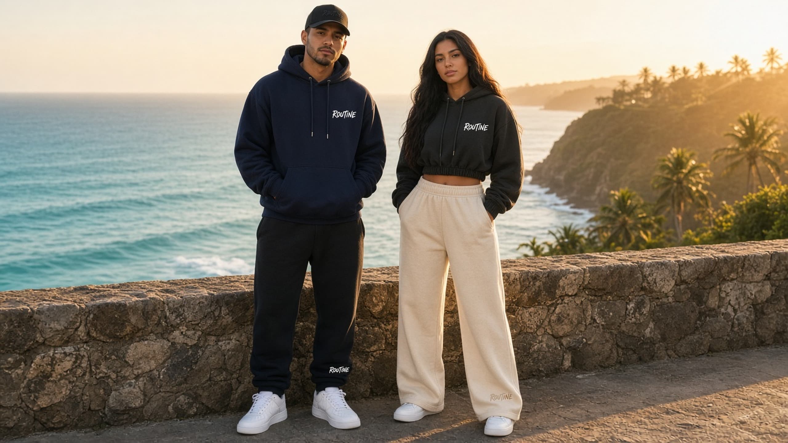 Two people standing at a stone lookout wall above the ocean at golden hour, one in a navy Routine hoodie and black sweatpants, one in a black cropped hoodie and cream wide-leg pants.
