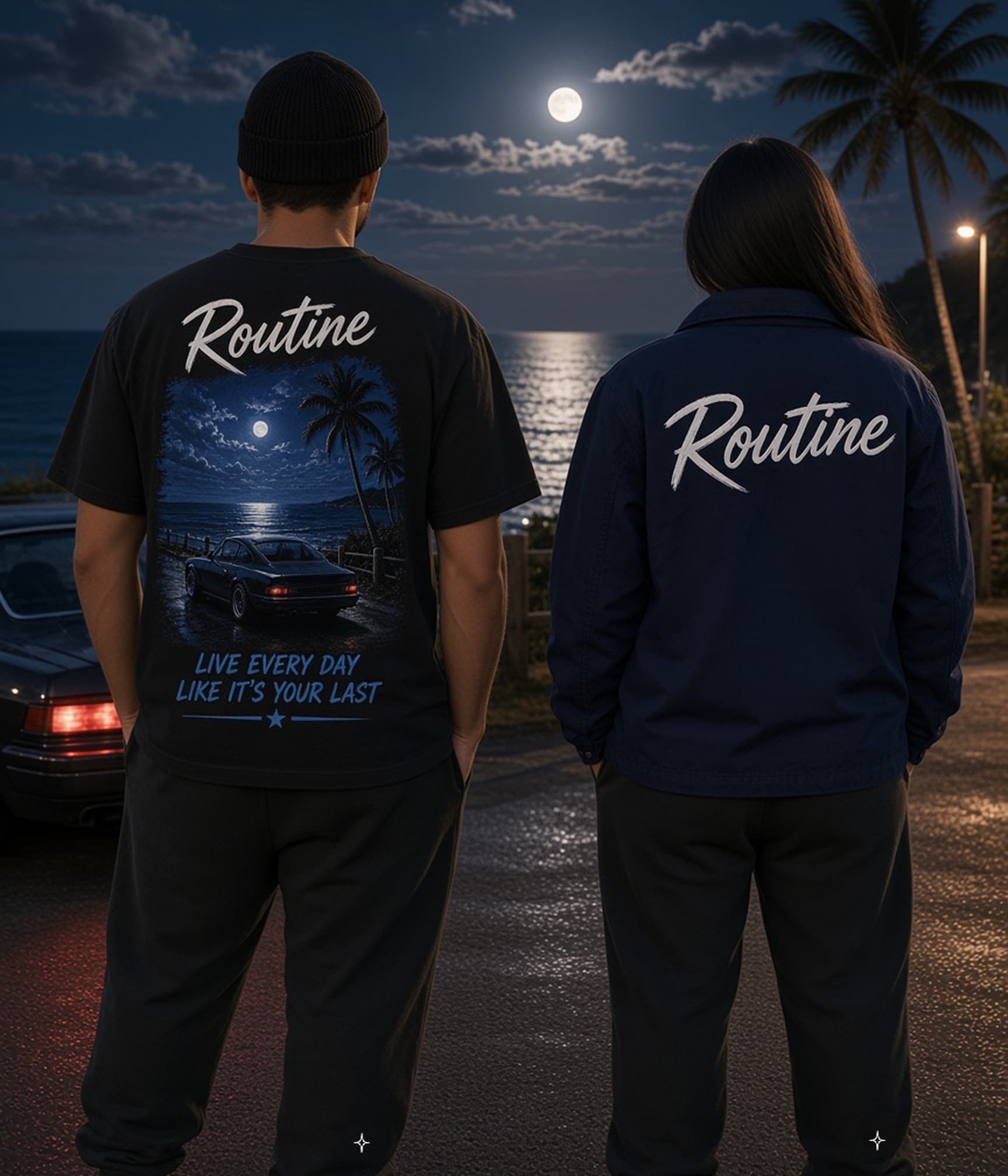 Two people seen from behind at a night ocean lookout under a full moon. One wears a beanie and lookout tee with sweatpants. The other wears a navy work jacket with ROUTINE across the back. A dark car sits at the left edge.