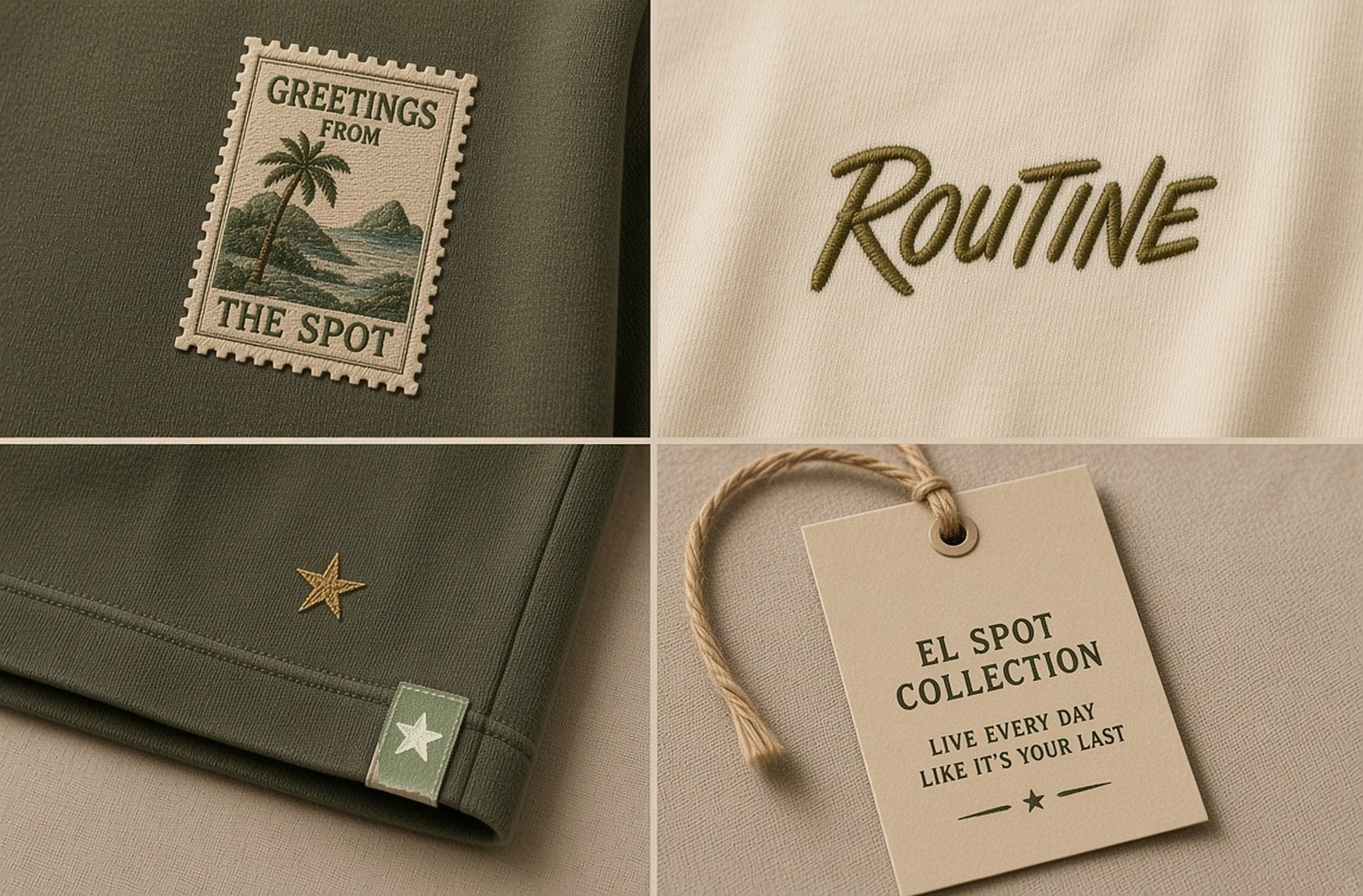 Four close up panels of El Spot details. Postcard stamp on an olive crewneck, olive script on a cream tee, star and hem tag on olive shorts, and a kraft El Spot collection hang tag.