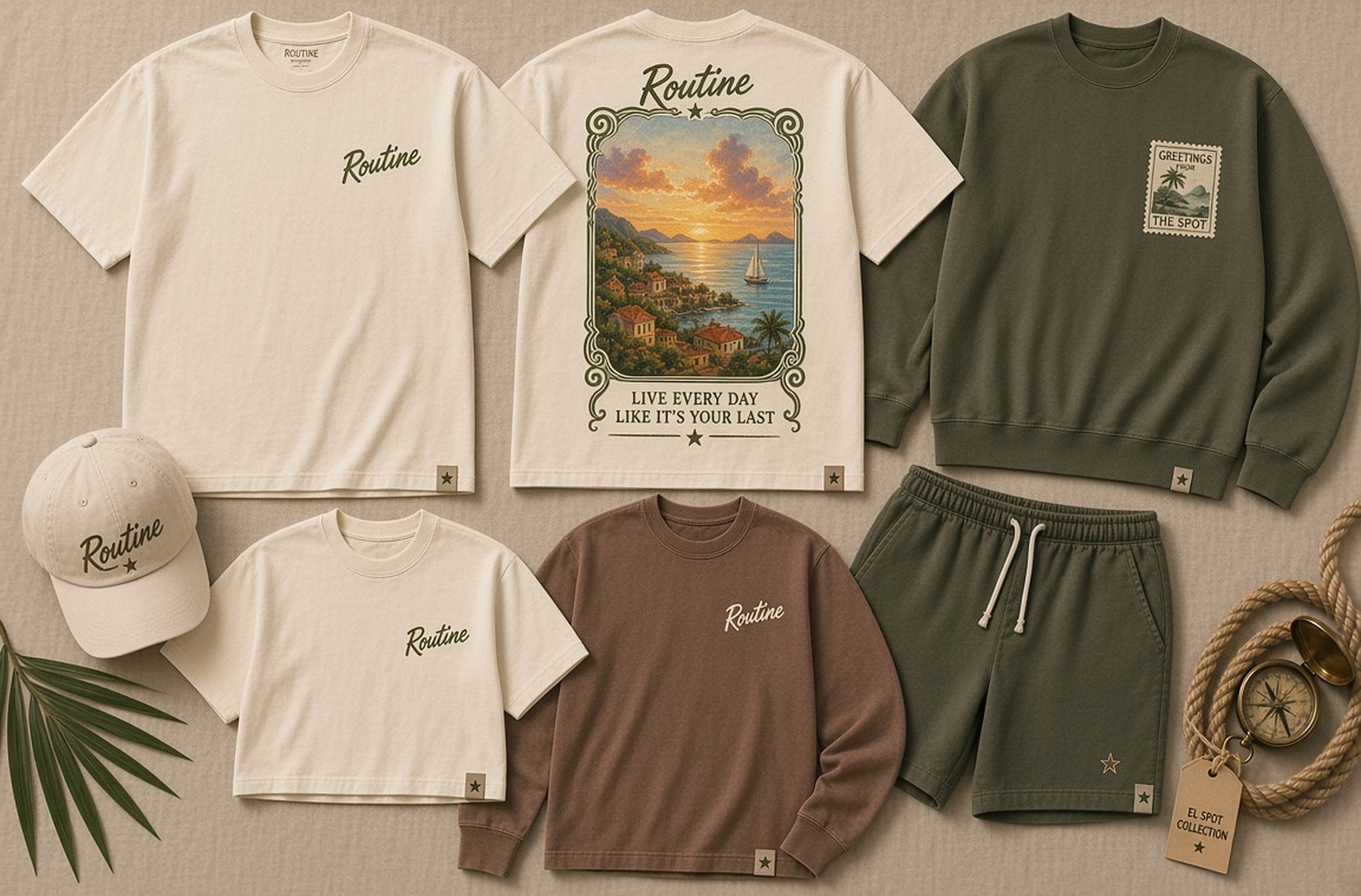 Flat lay of El Spot Drop 002 pieces. Cream harbor tee shown front and back, olive crewneck, cream cap, cream crop, clay long sleeve, and olive shorts.