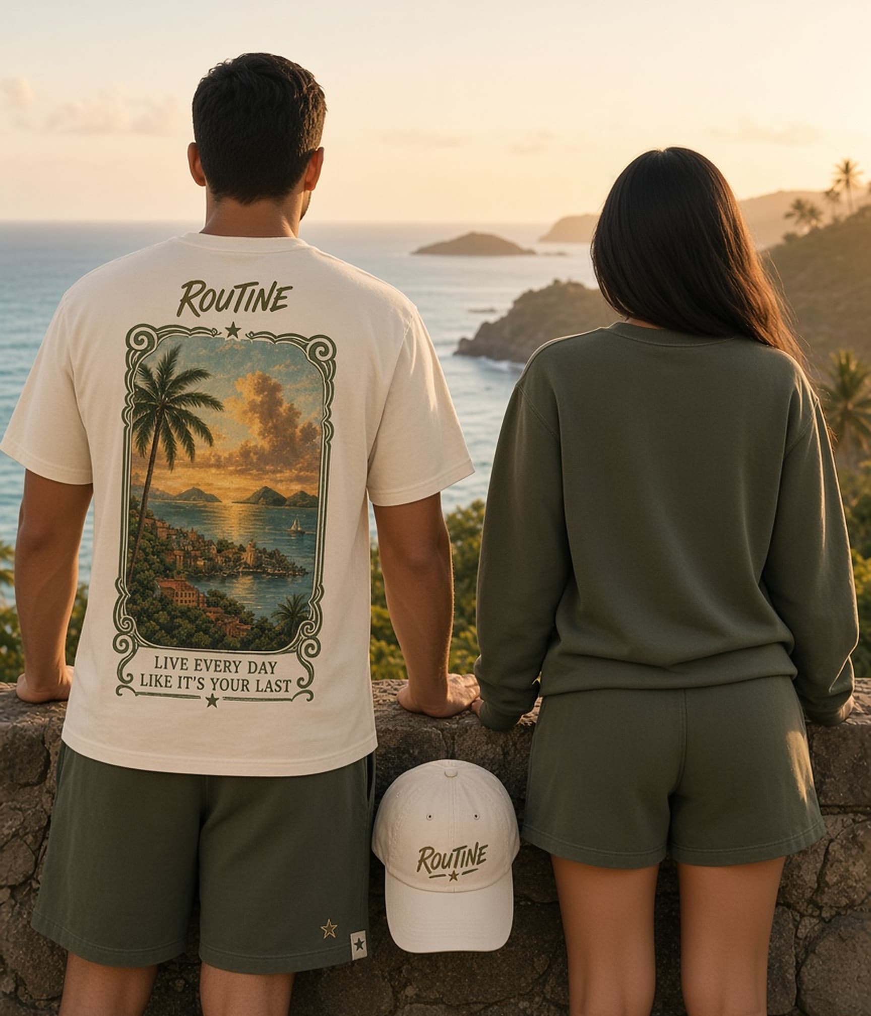 Two people seen from behind at an ocean lookout at golden hour. One wears the cream El Spot tee with the harbor sunset print across the back, the other an olive crewneck. A cream cap rests on the wall.