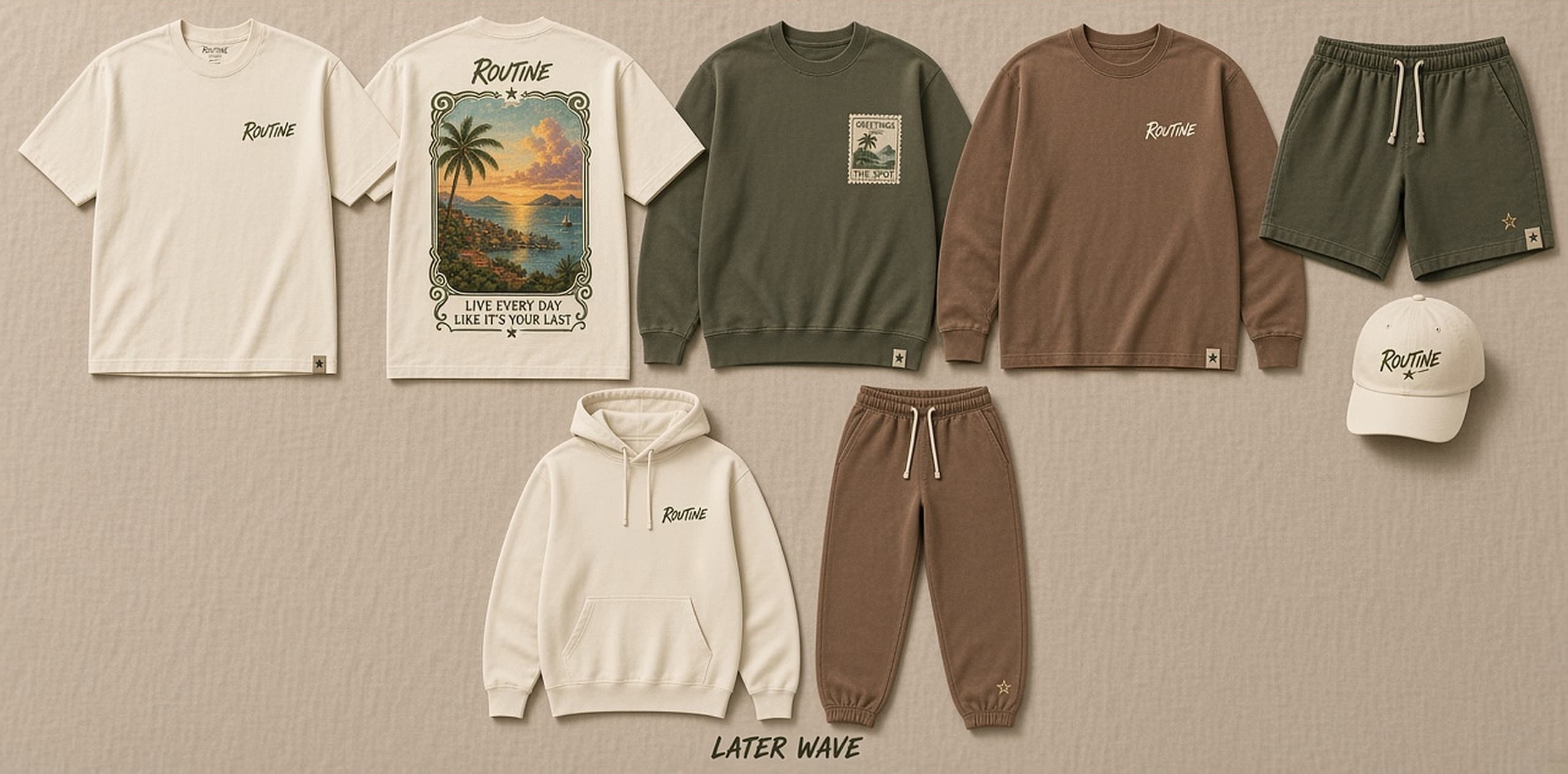 Men's El Spot lineup. Cream tee front and back, olive crewneck, clay long sleeve, olive shorts, cream cap, plus later wave hoodie and sweatpants.