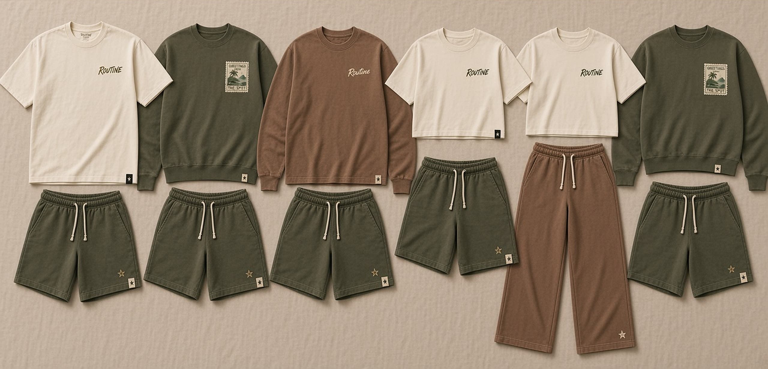 Six El Spot outfits with each top over its bottom, including the men's and women's olive sets.