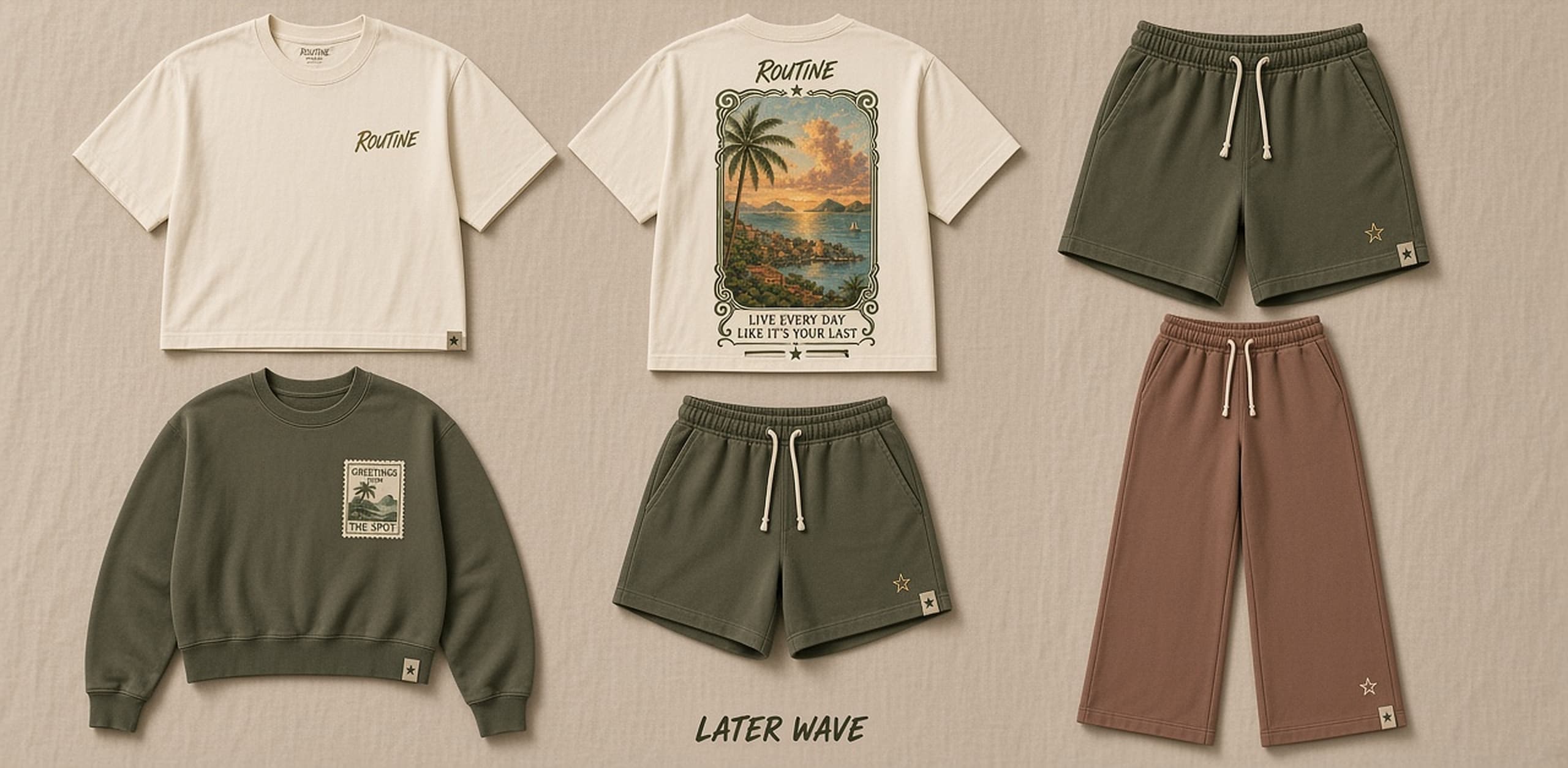 Women's El Spot lineup. Cream crop with harbor print, olive shorts, and later wave olive crewneck, olive shorts, and clay wide leg pants.